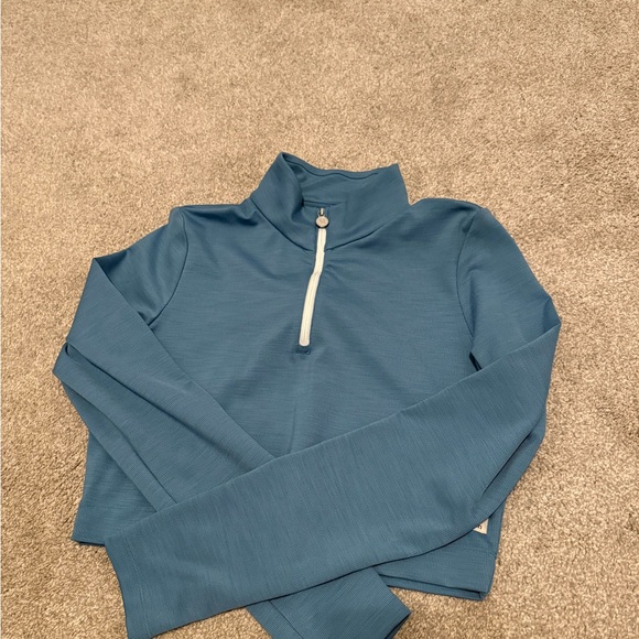 Vuori Lux Rib Half Zip Women's Stillwater Long-Sleeve Crop Top Blue Size L - Picture 9 of 10